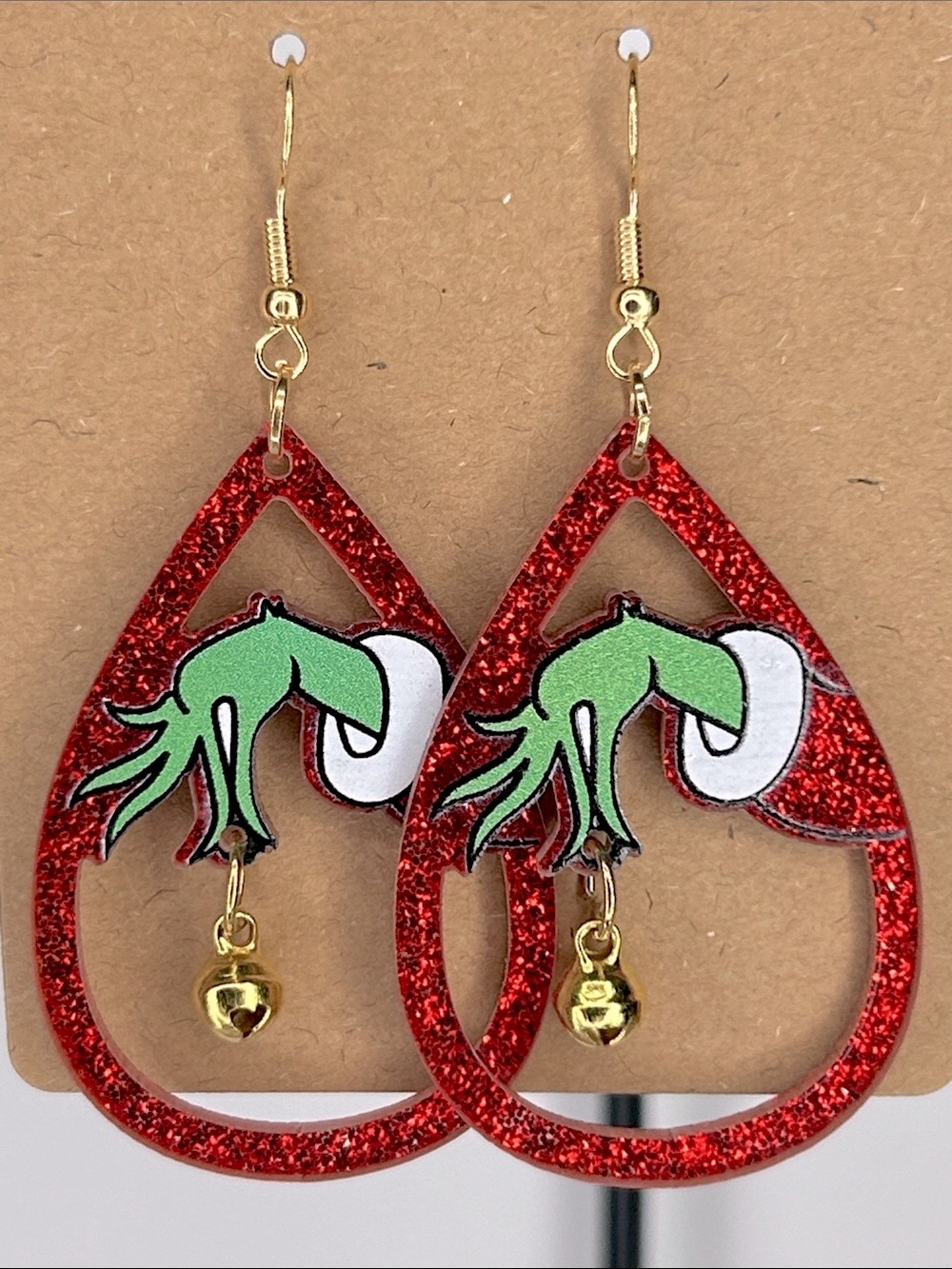 Grinch Green Hand Red Glitter Teardrop Earrings Bell Fashion Jewelry Christmas